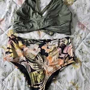 Olive Green Twist-Front Bikini Top with Floral High-Waist Bottoms